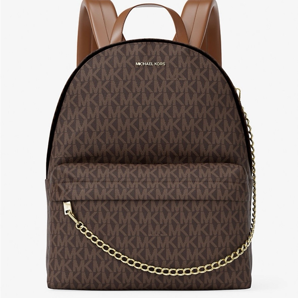 Michael Kors Signature Brown Backpack with Gold Chain